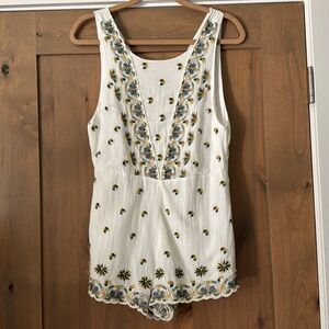 Free People White and Blue Embroidered Romper